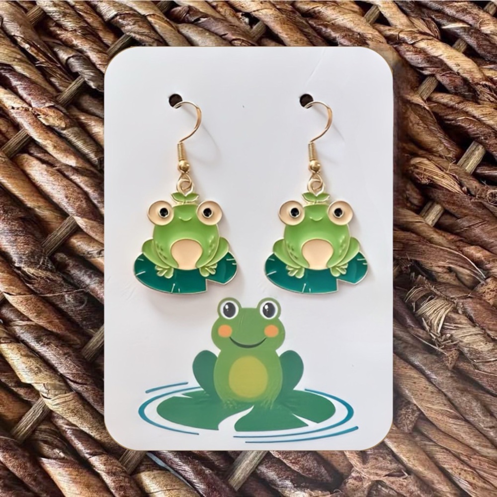 New Handmade "Frog on a Lily Pad" Dangle Earrings (1.6" long x 0.8" wide)